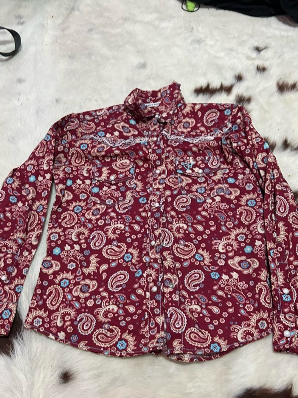 Paisley Button-Up Shirt in Burgundy with Blue Accents